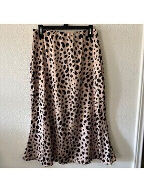 Leopard Animal Print Satin Bias Cut Midi Skirt L Fluted Silky Elastic Y2K Chic